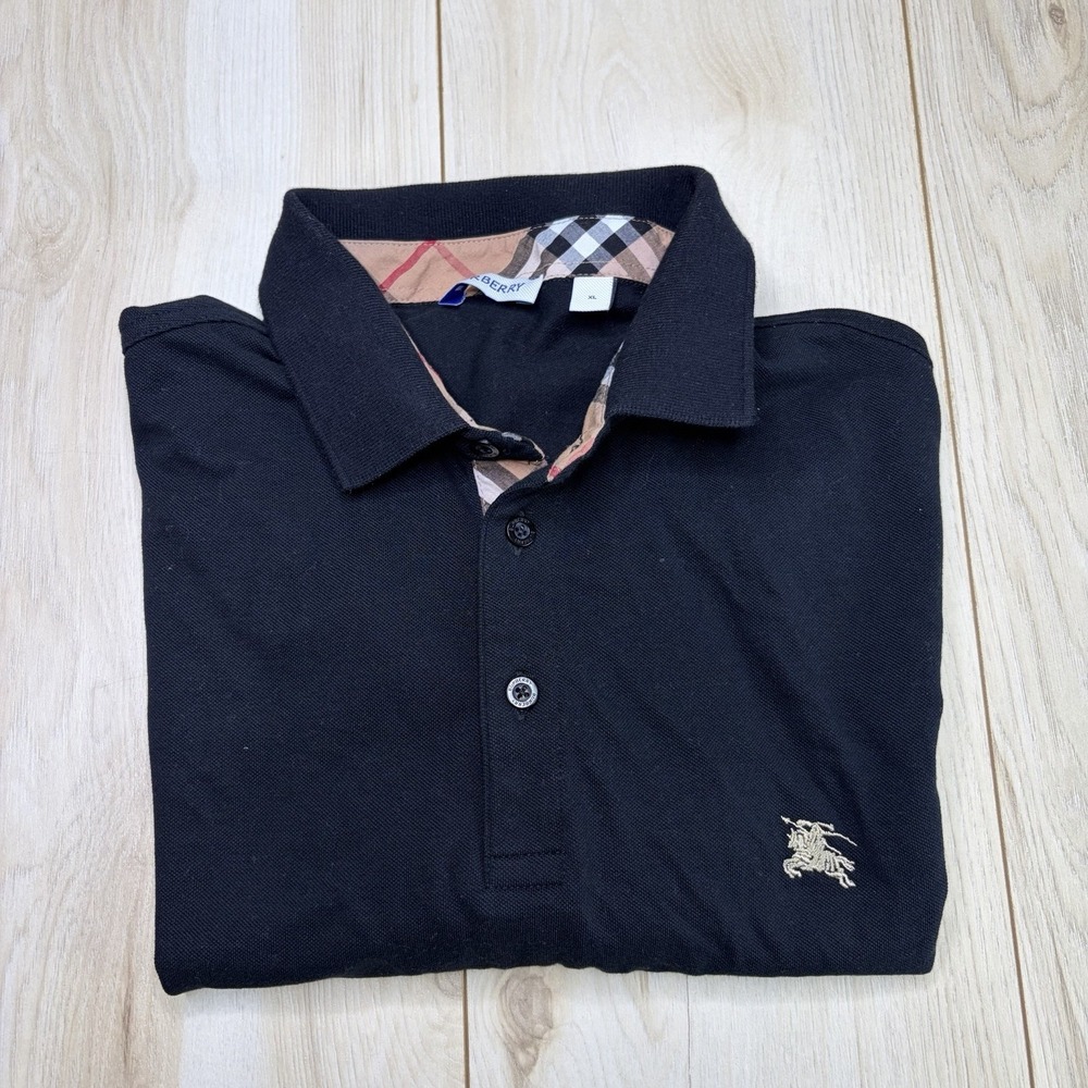 Burberry London Men's Check Pattern Polo Shirt Black Size XL Slim Fit Logo